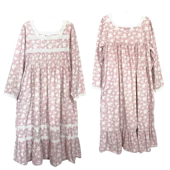 Victorian Cotton Nightgown Prairie Dress M Pintuck Eyelet Lace Peasant Cozycore - Picture 8 of 11